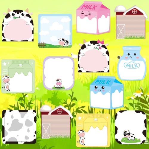 Fancy Land 24 Pads Cute Sticky Notes Cartoon Animal Pattern Sticky Notes for Teachers Classrooms 720 Sheets Memo Pads Teacher Appreciation Gift Home Office Supplies Cow - style: Cow