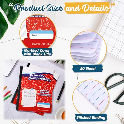 Watersay 60 Pack Primary Ruled Composition Notebook, Grade K-2 Journal 50 Sheets, 7-1/2" x 9-3/4" Primary Composition Book Writing Notebook for Kids Kindergarten Preschool 1st 2nd Grad (Red) - color: Red