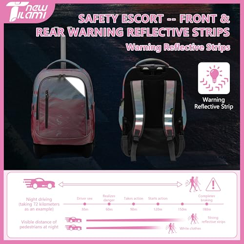 NEW TILAMI 18 inch Rolling Backpack for Girls Boys - Waterproof Durable Stai-Climbing Adjustable Handle Three Wheeled, Pink Sunset Glow - color: Pink Sunset Glow