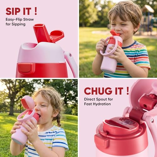 Fijinhom 12 oz Toddler Water Bottle with 2-in-1 Lid, 304 Stainless Steel Insulated Bottle, Kids Water Bottle for School Boys Girls, Leak-Proof Great for Sport, Travel & Gift, - color: Pink