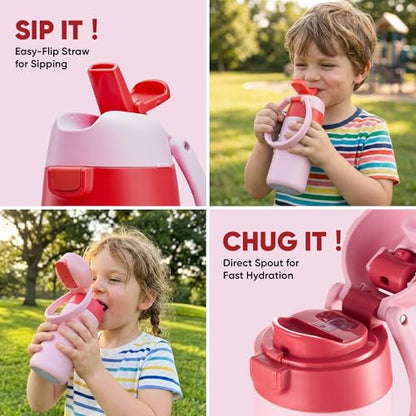 Fijinhom 12 oz Toddler Water Bottle with 2-in-1 Lid, 304 Stainless Steel Insulated Bottle, Kids Water Bottle for School Boys Girls, Leak-Proof Great for Sport, Travel & Gift, - color: Pink