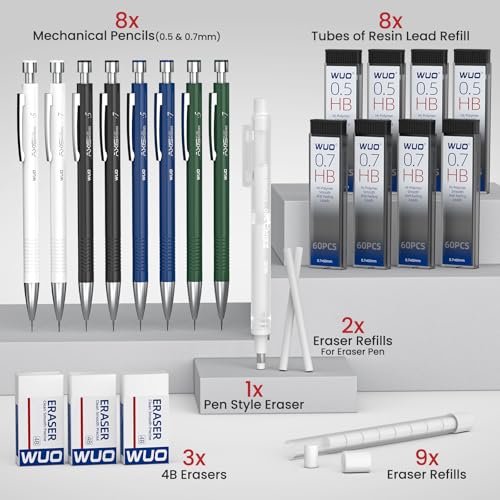 WUO 8PCS Mechanical Pencil Set with Case, 0.5 & 0.7mm Metal Drafting Pencils with Eraser Pen, 480 HB Lead Refills, 3 Erasers, 11 Eraser Refills, Artist Pencils for Writing, Drawing, Sketching