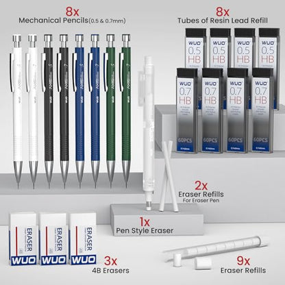 WUO 8PCS Mechanical Pencil Set with Case, 0.5 & 0.7mm Metal Drafting Pencils with Eraser Pen, 480 HB Lead Refills, 3 Erasers, 11 Eraser Refills, Artist Pencils for Writing, Drawing, Sketching