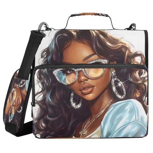 3 Ring Zipper Binder African American Women Black Lady Binders Bag with Shoulder Strap 500 Sheets Paper Organizer Trapper Keeper Documents Storage File Folder for School Office - color: A436