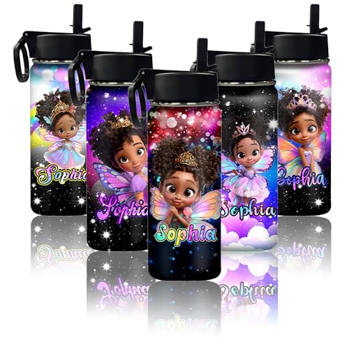 Personalized Water Bottles for Kids for School With Name Afro Girl Rainbow Sparkling Custom Insulated Sports Water Bottle with Straw for Girls and Boys Straw Lid Back to School Christmas Gift - color: New-Color 05