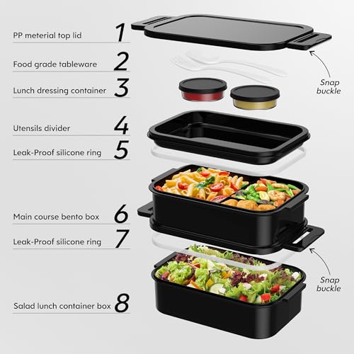 Jelife Adult Bento Box Lunch Box - Large Style Stackable Bento Lunch Box for Adults, 72oz All-in-One 3 Layers Bento Boxes Leak-Proof Lunchbox with Utensil Sauce Containers for Dining Out,Work, Black - color: Black