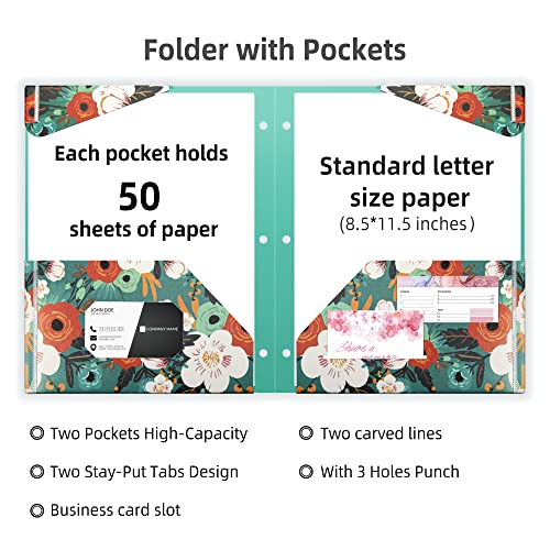 Ospelelf Folders with Pockets, Waterproof Plastic Folder with Two Fixed Corner Tabs and 2 Pockets Includes Business Card Slot, Includes Sticker, Fits 3 Ring Binder Holds 11" x 8.5", 6-Pack - color: Flowers