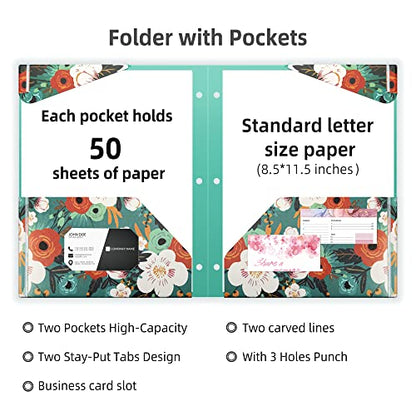 Ospelelf Folders with Pockets, Waterproof Plastic Folder with Two Fixed Corner Tabs and 2 Pockets Includes Business Card Slot, Includes Sticker, Fits 3 Ring Binder Holds 11" x 8.5", 6-Pack - color: Flowers
