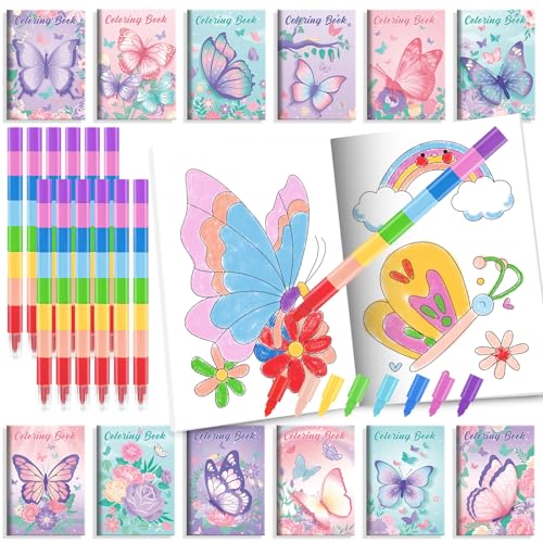 BenLouis 24 Butterfly Mini Coloring Books Kids with 24 Stacking Crayons Butterfly Theme Party Favors Activity Books Bulk for Kids Spring Fairy Birthday Goodie Bag Gift Stuffer Classroom Reward - style: Butterfly