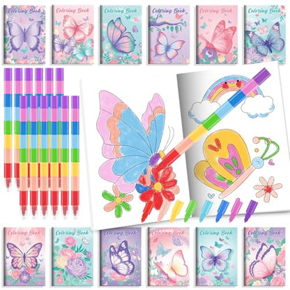 BenLouis 24 Butterfly Mini Coloring Books Kids with 24 Stacking Crayons Butterfly Theme Party Favors Activity Books Bulk for Kids Spring Fairy Birthday Goodie Bag Gift Stuffer Classroom Reward - style: Butterfly
