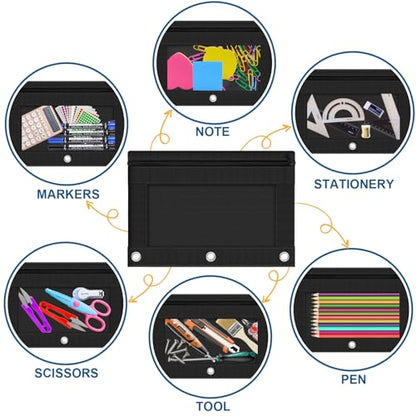 3 Ring Binder Pencil Pouch, 36 Pack Bulk Black Zipper Pencil Cases with Clear Window, Cloth Binder Pouches with 3 Holes, Durable Pencil Bags for Classroom School Office Supplies (Color of Black)