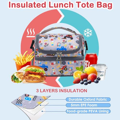 FlowFly Double Decker Cooler Insulated Lunch Bag Large Tote for Boys, Girls, Men, Women, With Adjustable Strap (Truck) - color: Truck