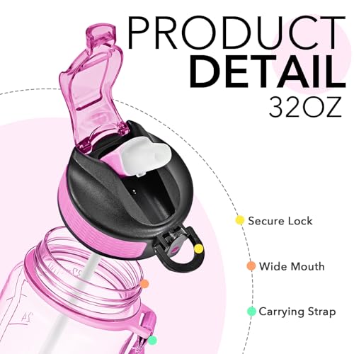 Hyeta Water Bottle with Straw & Time Marker, Plastic 32oz Leakproof | Motivational Tritan BPA Free Gym Office Outdoor Intake Tracker Hourly Reminder Straw Lid Carry Strap - color: Clear Pink