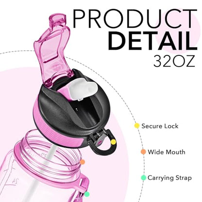 Hyeta Water Bottle with Straw & Time Marker, Plastic 32oz Leakproof | Motivational Tritan BPA Free Gym Office Outdoor Intake Tracker Hourly Reminder Straw Lid Carry Strap - color: Clear Pink