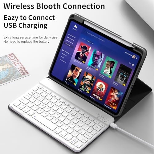 kenke for iPad 11/10th Gen Case with Keyboard 11/10.9 inch 2025 A16/2022, Detachable Wireless Bluetooth Keyboard Case with Bulit-in Pencil Holder, White Square Keycaps (Black - color: Black