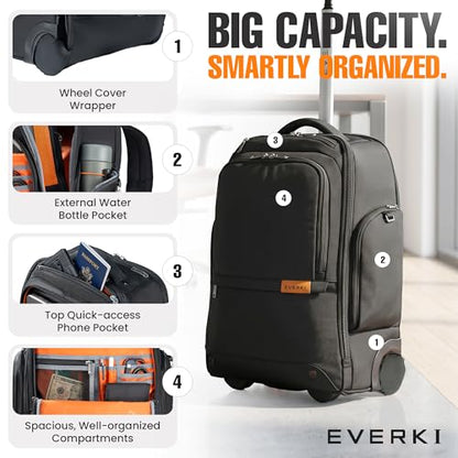 EVERKI 123 Wheeled 32L Laptop Backpack - Rolling Backpack for Men & Women - Carry-On Travel Roller Backpack for Laptops - Fits 15.6 to 16 Inches with Replaceable Wheels for Business & Work - Black - size: Wheeled 123 Laptop Backpack - 32L