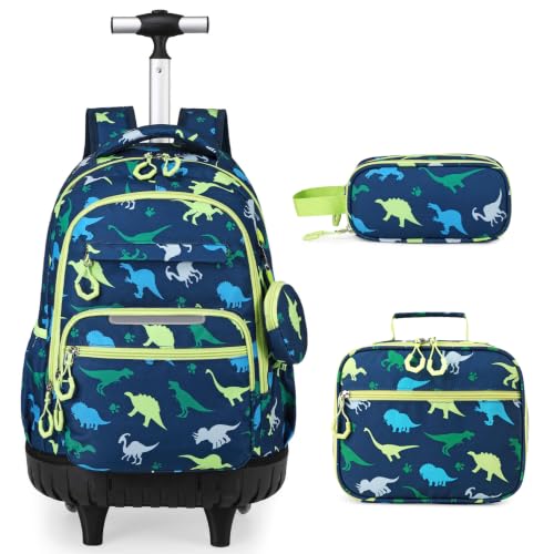 Rolling Backpack for Boys, 3PCS Roller School Backpacks for Boys with Lunch Bag and Pencil Pouch, Kids Bookbag School Bag with Wheels for Kindergarten Elementary Middle School Travel - color: Green Dinosaur