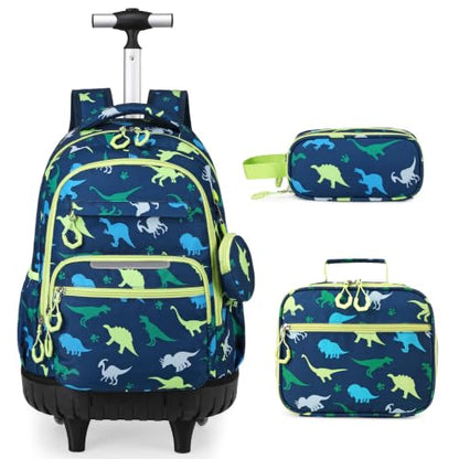 Rolling Backpack for Boys, 3PCS Roller School Backpacks for Boys with Lunch Bag and Pencil Pouch, Kids Bookbag School Bag with Wheels for Kindergarten Elementary Middle School Travel - color: Green Dinosaur