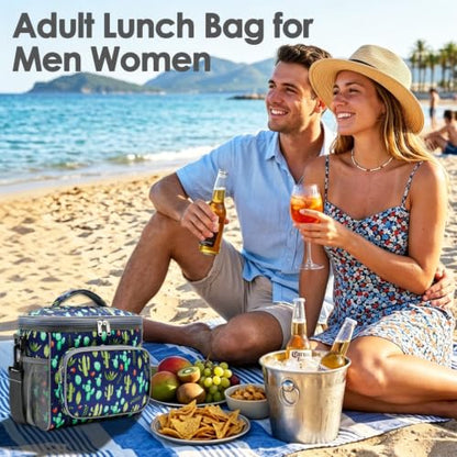 FlowFly Insulated Reusable Lunch Bag Adult Large Lunch Box for Women and Men with Adjustable Shoulder Strap,Front Zipper Pocket and Dual Large Mesh Side Pockets,Cactus - color: Cactus