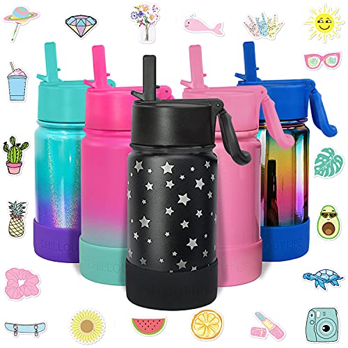 CHILLOUT LIFE 12oz Kids Insulated Stainless Steel Water Bottle with Leak Proof Straw Lid & 144 Stickers - color: Star Night Sky, style: 12 oz