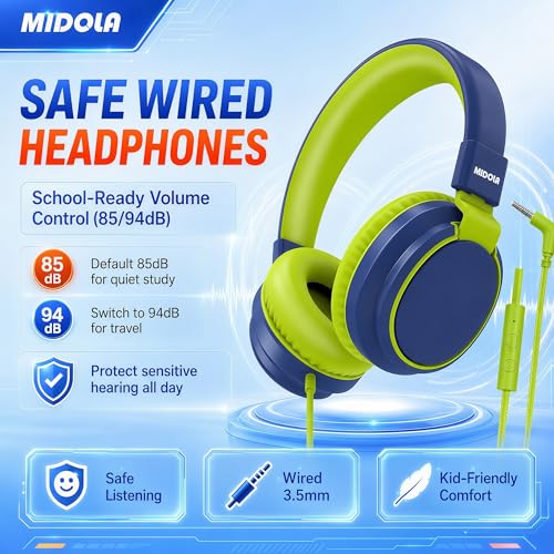 MIDOLA Kids Headphones for School Learning,Volume Limited 85/94dB, Foldable Lightweight Over-Ear Wired Headphones for Kids Toddler Girls Boys 3.5mm for Pad,Headsets with Built-in Mic DeepBlueSky - color: DeepBlueSky