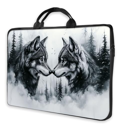 Canvas Laptop Sleeve Shockproof Tablet Carrying Bag with Zip Pocket for Women Men Work - color: Black White Wolf Pair Forest Art, size: 12 inches
