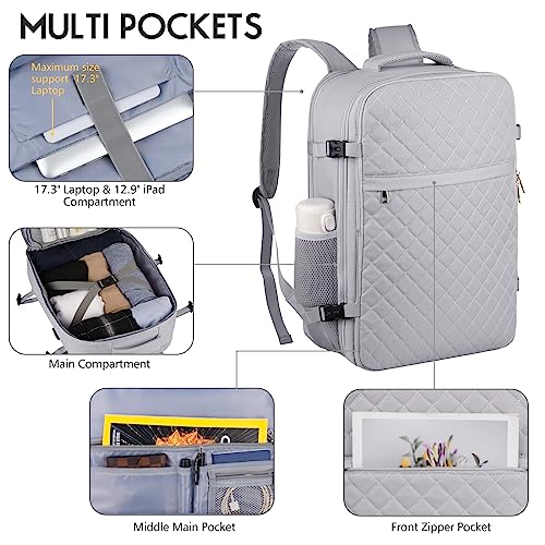 MOMUVO Large Travel Backpack Women, Flight Approved Carry On Backpack, Water Resistant Anti-Theft Large Casual Daypack Fit 17 Inch Laptop with USB Charging Port, Grey - color: Grey, size: 17.3 inch