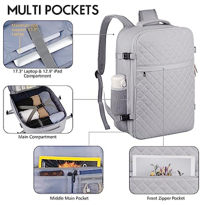 MOMUVO Large Travel Backpack Women, Flight Approved Carry On Backpack, Water Resistant Anti-Theft Large Casual Daypack Fit 17 Inch Laptop with USB Charging Port, Grey - color: Grey, size: 17.3 inch