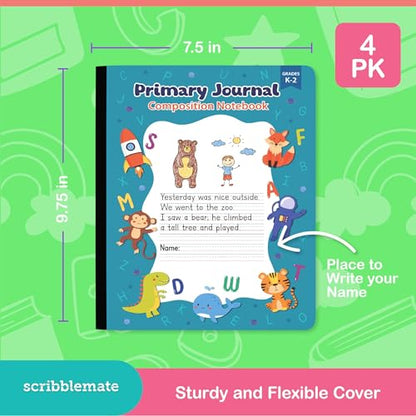 Primary Journal Grades K-2, primary composition notebook k-2, 4 Assorted Colors & Designs Primary Writing Journal, 100 Sheets/200 Pages 9.75" x 7 .5" Primary Composition Notebook with Picture Space