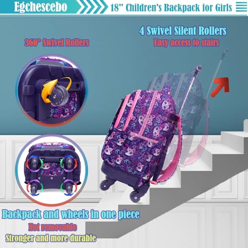 Kids Rolling Backpack for Girls Cats Suitcases Trolley Roller Luggage Backpacks with 360° Rotating Wheels 15" Laptop Lunch Box Pencil Case for Elementary 18" Travel School Bag Purple - color: Purple-maomi-1220