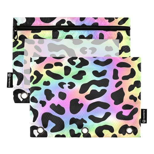 Pencil Pouch for 3 Ring Binder Trendy Neon Leopard Binder Pencil Case with Smooth Zipper Clear Window Pencil Case 2 Pack for Office School College Supplies - color: Trendy Neon Leopard