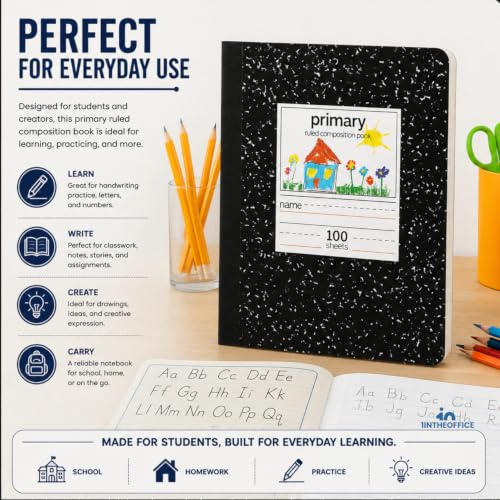 1InTheOffice Primary Composition Notebook, 7 1/2" x 9 3/4", Unruled/Primary Ruled, 100 Sheets