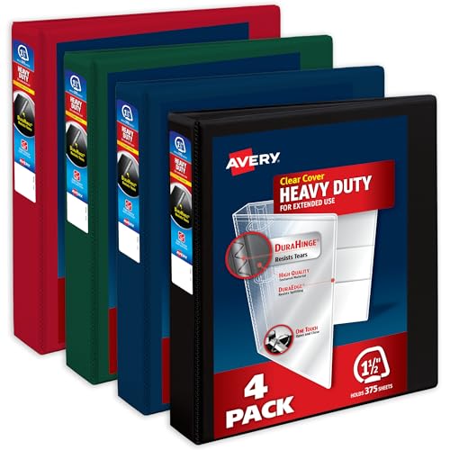Avery Heavy-Duty View 3 Ring Binders, 1.5 Inch One Touch Slant Rings, 375-Sheet Capacity, Assorted Dark Colors, 4-Pack (79635) – for School, Office, Teachers, Classrooms & Home Organization - color: Assorted Darks, size: 1.5"