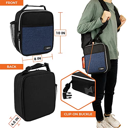 opux Insulated Lunch Bag for Kids Boys Girls, Small Compact Lunch Box with Wide Opening & Mesh Pockets, Reusable Lunch Pail for School, Work, Adults, Men, Women, Heather Navy Blue - color: Heather Navy