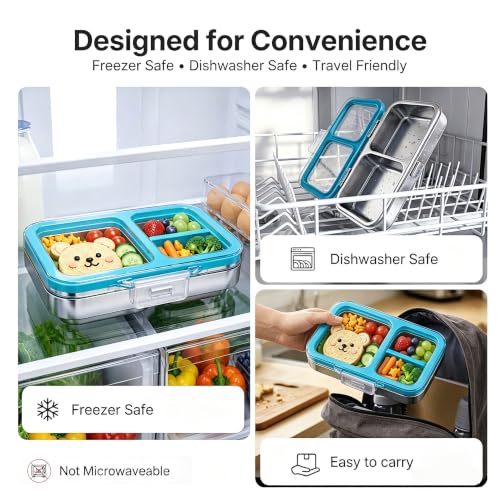 Leak-Resistant 18/8 Stainless Steel Bento Lunch Box Kids 7+ and Adults | 2 Swappable Style Accessories, BPA-Free Tritan Lid, Dishwasher Safe, School, Office & Travel - color: Cyan