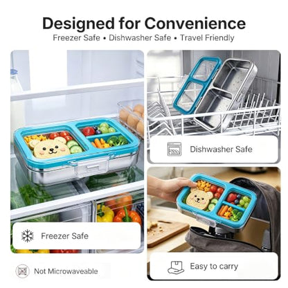 Leak-Resistant 18/8 Stainless Steel Bento Lunch Box Kids 7+ and Adults | 2 Swappable Style Accessories, BPA-Free Tritan Lid, Dishwasher Safe, School, Office & Travel - color: Cyan