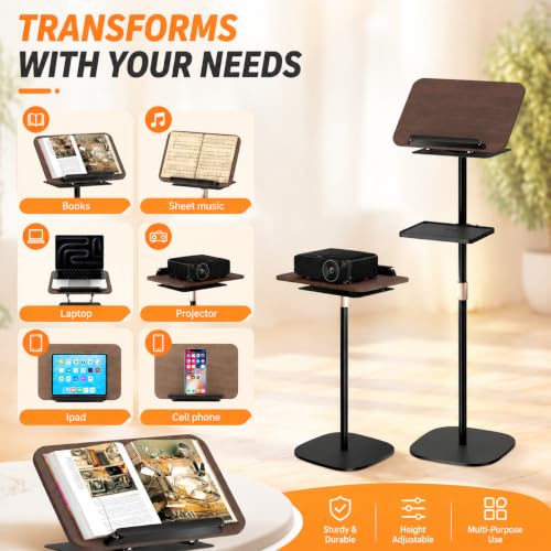 2-in-1 Adjustable Floor Book Stand & Laptop Holder | Detachable Desktop & Floor Use, 35"-62" Height Adjustable, Anti-Topple Heavy Base, 360° Swivel Panel, Hands-Free Reading