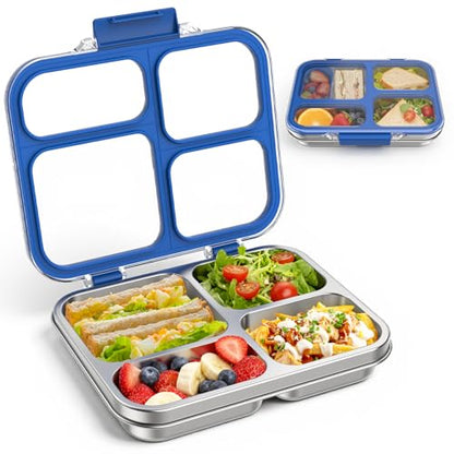 Stainless Steel Bento Box for Kids Adults with Silicone Container, Leak Proof 4 Compartments Metal Lunch Box, Removable Silicone Seal & Clear Lid Food Container for School Office, BPA-Free(Blue) - color: Blue