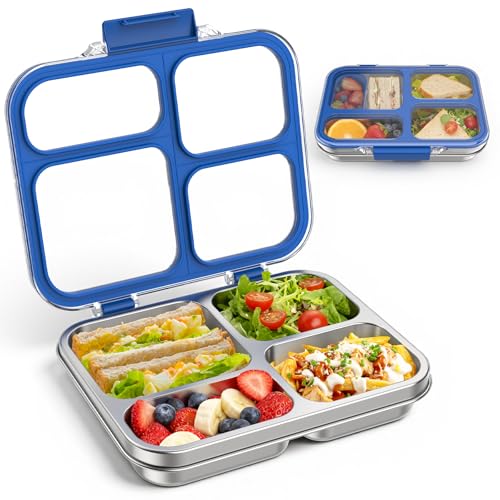 Stainless Steel Bento Box for Kids Adults with Silicone Container, Leak Proof 4 Compartments Metal Lunch Box, Removable Silicone Seal & Clear Lid Food Container for School Office, BPA-Free(Blue) - color: Blue