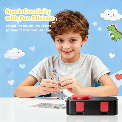 Bento Box for Kids, Leakproof Kids Bento Lunch Box Container with 8oz Insulated Thermo Food Jar, Sauce Jar, Utensil, DIY Stickers for School Boys Girls, 3-4 Compartments, BPA-Free - color: Black Red