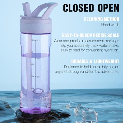 OLDLEY 20oz Kids Water Bottle with Straw, BPA-Free Tritan Water Bottle for School, Leakproof Clear Water Bottle with One Click Open, Measurement Scale, Cup Holder Friendly for Boys Girls,Purple - color: Purple