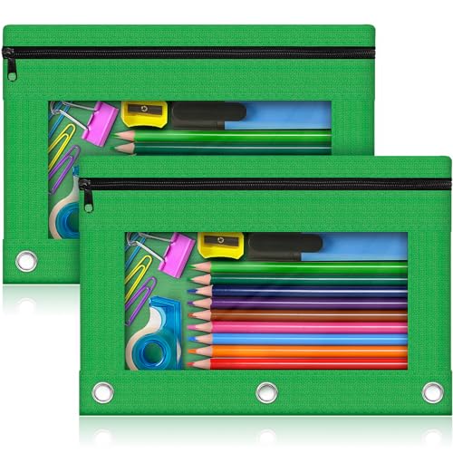 Pencil Pouch for 3 Ring Binder, 2 Pack Pencil Bags with Zipper, Green Pencil Case for Classroom School Office Supplies, Large Sturdy and Durable Cloth Pencil Pocket for 3 Holder Binder - color: Green