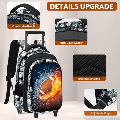 Boys Rolling Backpack for Kids - American Football Kids Rolling Backpack with Wheels for Elementary Middle School Students - Roller School Bookbag Aged 6-18, Wheeled Travel Bag Large Capacity - color: Football-001-backpack Only
