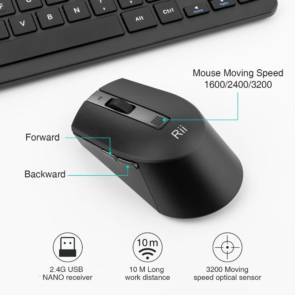 Rii RKM709 2.4 Gigahertz Ultra-Slim Wireless Keyboard and Mouse Combo, Multimedia Office Keyboard for PC, Laptop and Desktop,Business Office(Black)-New