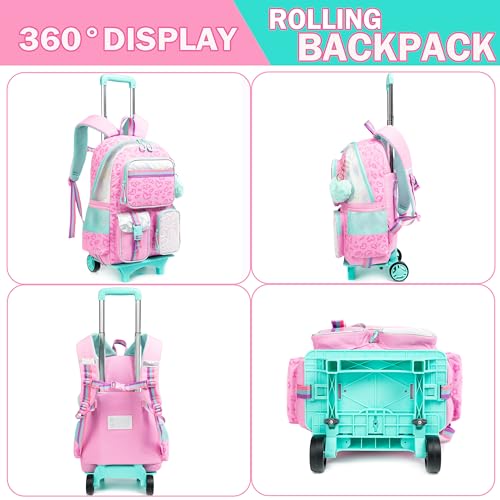 Meetbelify Girls' Rolling Backpack with Wheels - Cute Kawaii Carry On Backpack with Lunch Box for Elementary Students - Pink Love - color: Love Pink