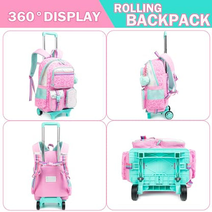 Meetbelify Girls' Rolling Backpack with Wheels - Cute Kawaii Carry On Backpack with Lunch Box for Elementary Students - Pink Love - color: Love Pink