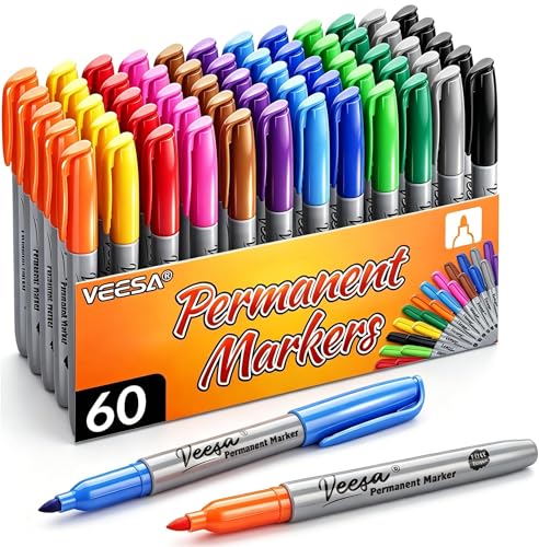 VEESA Permanent Markers 12 Assorted Colors, 60 Count, Fine Point | Marks on paper, plastic, cardboard, metal, and more