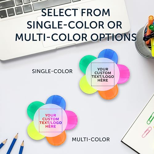 DISCOUNT PROMOS Custom Highlighters Set of 10/50/100, Personalized Bulk Pack Durable Chisel Tip Textbook Highlighters Handy and Easy to Store - Flower - color: White - Flower