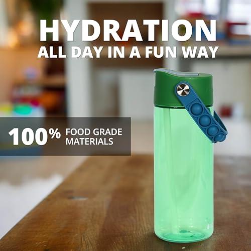 Elemental Leak Proof Water Bottles for Kids - Splash Kids Water Bottle for School with Pop-it Handle - Tritan Plastic Water Bottle with Straw - Dinosaur & Green - 18oz (2 Pack) - color: Duo - Dinosaur & Green