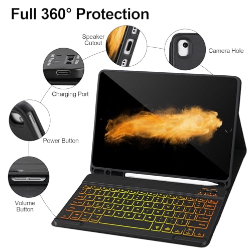 AHYWTAN Keyboard Case for iPad 9/8/7th Gen 10.2, Bluetooth Keyboard with 7 Color Backlit, iPad 10.2 inch Case with Keyboard, Pencil Holder, Black-L - color: Black-L